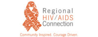 An image of a red ribbon composed of inspirational words. Regional HIV AIDS connection Community Inspired. Courage Driven