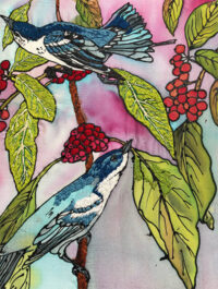 Needlepoint of two blue birds eating red berries on a tree. Predominant colours are red, pink, light blue and dark blue.