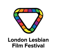 London Lesbian Film Festival Logo. A filmstrip in pride colours in the shape of a triangle.