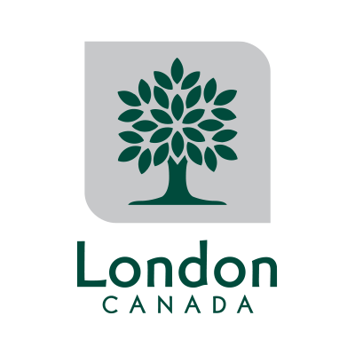 City of London logo. A green tree centred in a silver box with London Canada below it