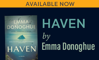 Haven by Emma Donoghue. The cover of the novel is a dreamy bluey green with an island surrounded by a vast blue/green ocean