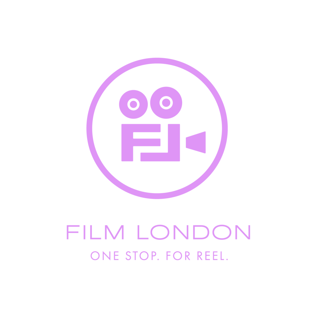 Film London Logo a purple pink logo with a stylized FL that looks like a movie camera. Film London One Stop for Reel