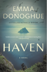 An image of the novel Haven. An blueish island in the distance surrounded by a teal green ocian