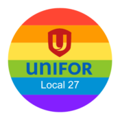 The words UNIFOR Local 27 in a pride rainbow circle