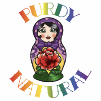 An image of a matryoshka doll with rainbow Purdy Natural text surrounding it.
