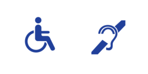 Accessibility symbol: Wheelchair in a white circle and auditory accessibility an ear in a white circle 