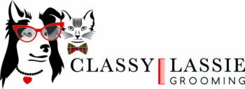 Classy Lassie Grooming. An image of a dog wearing fashionable red glasses and a cat with a bow tie.