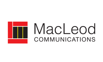 MacLeod Communications logo a stylized M and C in the form of a simple tartan – red, black and yellow