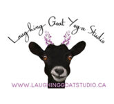 An image of a happy goat with Laughing Goat Yoga Studios above it.
