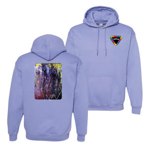 light blue hoodie with llff logo on the left hand side and Vanessa Vanderridder painting on the back.