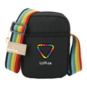 small, black, cross body tote with LLFF logo and rainbow strap